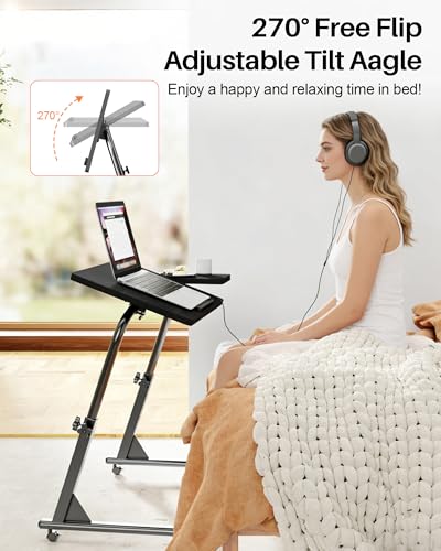 TV Tray Table, Mobile TV Dinner Trays for Eating on Couch, Folding Side Desk with Wheels, Tilt & Height Adjustable Snack Table Laptop Desk for Sofa Living Room Bedroom & Office (Black) - color: Black