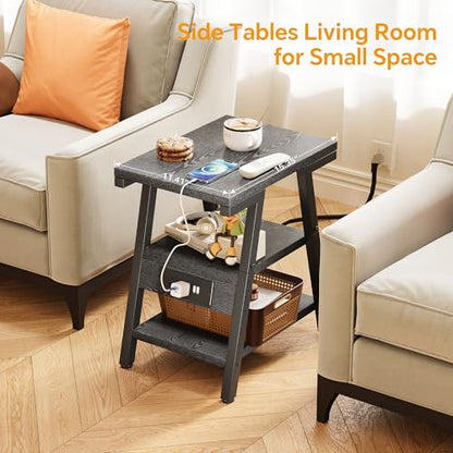 Side Table with Charging Station,3-Tier Small End Table,Lucky 7 Metal Shape | 2 AC Outlets + 2 USB Ports, Adjustable Feet, Nightstand for Bedroom, Living Room, Couch, Narrow Spaces, Grey - color: Grey