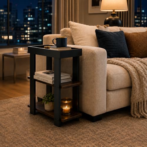 Narrow Side Table, 3-Tier Side Table, Rustic Farmhouse Narrow End Table with Storage, Slim Table Nightstand for Small Spaces, Bedroom or Living Room (Rustic Brown) - color: Rustic Brown
