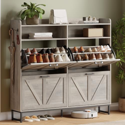 Xixini Shoe Storage Cabinet with 4 Flip Drawers, Entryway Shoe Rack, Grey | Narrow Slim Shoe Storage, Freestanding Hidden Wood Shoe Organizer, Modern Farmhouse, Open Storage & Hooks for Closet, Hallway - color: Grey, size: 4 Flip Drawers