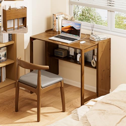 Bamboo Folding Desk for Small Spaces, Mid Century Small Computer Foldable Desk for Bedroom Home Office, Space Saving Sofa Table for Couch, Writing Work Office Desk,Brown - color: Brown, size: 32.7"W × 21.3"D × 29.9"H