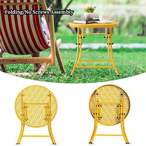 TeoKJ Folding Outdoor Side Tables, Anti Rust Small Patio Table Round Metal Nightstand with Flower Cutouts for Porch Yard Balcony Deck Lawn, Yellow - color: Yellow