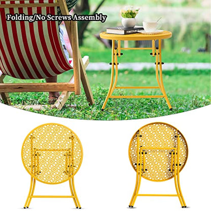 TeoKJ Folding Outdoor Side Tables, Anti Rust Small Patio Table Round Metal Nightstand with Flower Cutouts for Porch Yard Balcony Deck Lawn, Yellow - color: Yellow