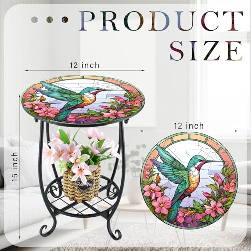 Cinnvoice Outdoor Side Table Round Small Mosaic Patio Accent Indoor End Plant Coffee Tea Table for Yard Patio Porch Garden Living Room, Bedroom(Hummingbird Style,12 Inch) - size: 12 Inch, style: Hummingbird Style