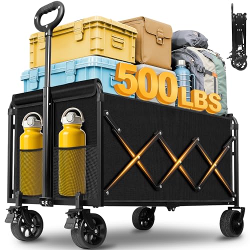 Wagons Carts Foldable,Large Capacity Foldable Wagon Cart Collapsible Wagon with Wheels & Drink Holders,Heavy Duty Utility Folding Cart for Camping Garden Grocery Shopping - size: 500 lbs