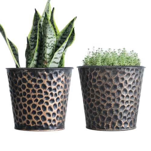 6in Metal Copper Planter Set of 2, Hammered Plant Pots 6" H×7" W, Built-in Tray & Inner Pots, Use as Vase/Candle Holder/Christmas Decor, Includes Pebbles, for Indoor/Outdoor Plants