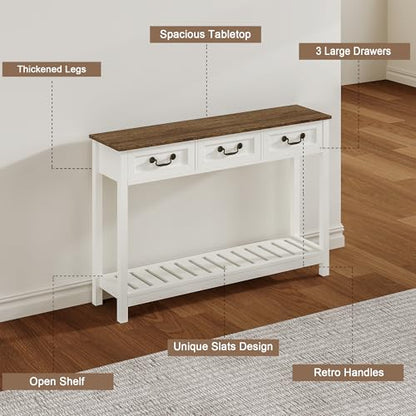 ChooChoo 47" Farmhouse Console Table with 3 Drawers, Rustic Entryway Table, Narrow Long Sofa Table for Living Room, Hallway, Behind Couch, Soft White and Brown - color: Soft White and Brown, size: 11.81"D x 47.24"W x 31.3"H