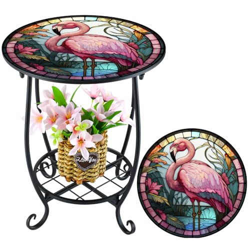 Cinnvoice Outdoor Side Table Round Small Mosaic Patio Accent Indoor End Plant Coffee Tea Table for Yard Patio Porch Garden Living Room, Bedroom(Flamingo Style,14 Inch) - size: 14 Inch, style: Flamingo Style