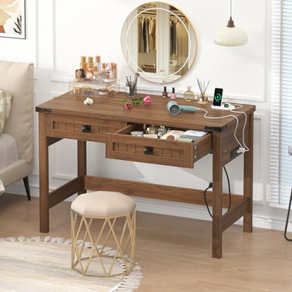 YOMILUVE Farmhouse Computer Desk with 2 Drawers, 39 Inch Small Office Computer Desk with Power Outlets, Compact Writing Study Vanity Desk for Small Spaces, Brown - color: Brown