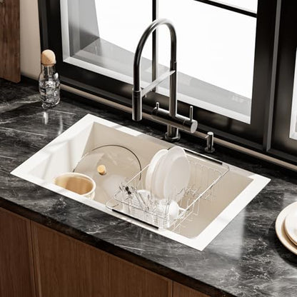 NiuYichee Stainless Steel Dish Drying Rack(15" L X 11" W X 4.1" H), Expandable Drain Rack Over Sink, Dish Drainer Rack in Sink, with Stainless Steel Utensil Holder & 4 Hooks Cup Hanger - size: Large【15 X 11"】