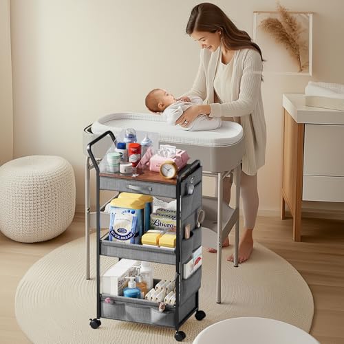 BBLIKE 3-Tier Diaper Caddy Organizer - Rolling Utility Baby Cart with Drawer and Side Pockets for Nursery and Baby Essentials, Multi-Function Cart for Bedroom and Bathroom, Gray - style: Drawer-Grey