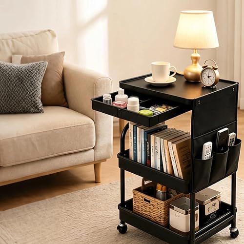 BLULEE 3-Tier Rolling Storage Cart with Pull-Out Drawer & Side Organizer | Heavy-Duty Carbon Steel Utility Cart with Lockable Wheels, Mobile Organizer Rack for Bathroom, Makeup, Nursery & Kitchen - color: Black