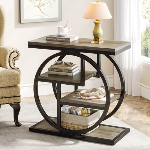 Tribesigns End Table for Living Room, 4-Tier Narrow Side Table with Storage Shelves, Industrial Bedside Table for Bedroom, Wood Small Sofa Side Table with Geometric Metal Frame (1 PC, Grey) - color: Grey