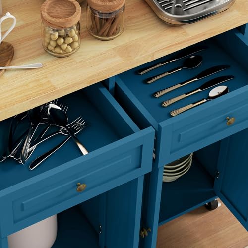 HOMCOM Kitchen Island Cart with Solid Wood Top 44" Mobile Turquoise | Kitchen Island Table, on Wheels, Storage Cabinets, 2 Drawers, Adjustable Shelves, Spice Rack & Towel Bar, for Dining Room - color: Turquoise