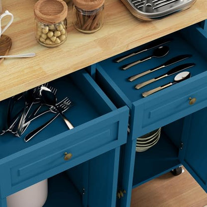 HOMCOM Kitchen Island Cart with Solid Wood Top 44" Mobile Turquoise | Kitchen Island Table, on Wheels, Storage Cabinets, 2 Drawers, Adjustable Shelves, Spice Rack & Towel Bar, for Dining Room - color: Turquoise