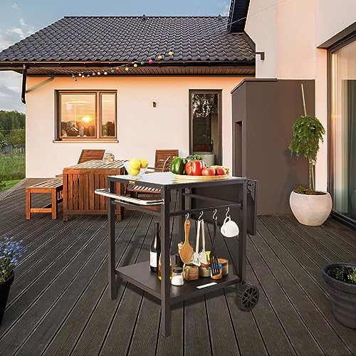 VEVOR Outdoor Grill Dining Cart with Double-Shelf, BBQ Movable Food Prep Table, Multifunctional Foldable Iron Table Top, Portable Modular Carts for Pizza Oven, Worktable with 2 Wheels, Carry Handle - size: 21.65"D x 21.65"W x 29.72"H, style: Iron Table To