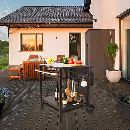 VEVOR Outdoor Grill Dining Cart with Double-Shelf, BBQ Movable Food Prep Table, Multifunctional Foldable Iron Table Top, Portable Modular Carts for Pizza Oven, Worktable with 2 Wheels, Carry Handle - size: 21.65"D x 21.65"W x 29.72"H, style: Iron Table To