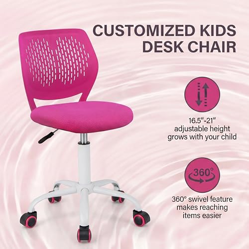 Costzon Kids Desk Chair, Armless Height Adjustable Kids Computer Chair w/Elastic Sponge Filling, Ergonomic Backrest & Stable 5-Point Wheels, Children Rolling Swivel Chair for Studyroom (Rose) - color: Rose