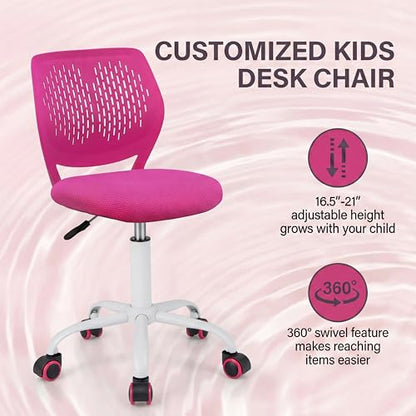Costzon Kids Desk Chair, Armless Height Adjustable Kids Computer Chair w/Elastic Sponge Filling, Ergonomic Backrest & Stable 5-Point Wheels, Children Rolling Swivel Chair for Studyroom (Rose) - color: Rose