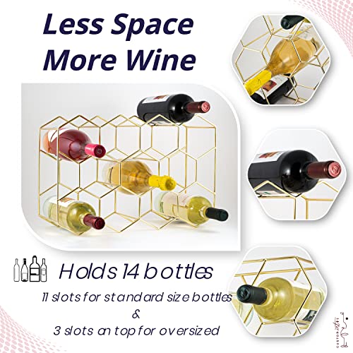 Gusto Nostro Countertop Wine Rack - 14 Bottle Freestanding Modern Gold Metal Small Wine Rack - 3 Tier Tabletop Wine Holder Stand for Cabinet, Pantry, Wine Bottle Storage - No Assembly Required - color: Gold