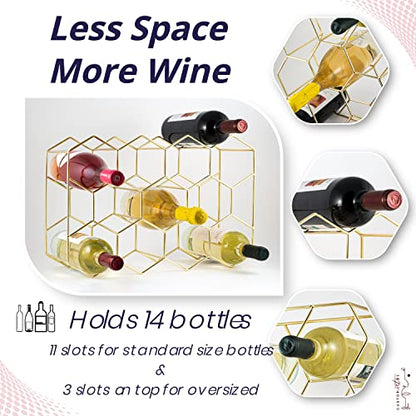Gusto Nostro Countertop Wine Rack - 14 Bottle Freestanding Modern Gold Metal Small Wine Rack - 3 Tier Tabletop Wine Holder Stand for Cabinet, Pantry, Wine Bottle Storage - No Assembly Required - color: Gold