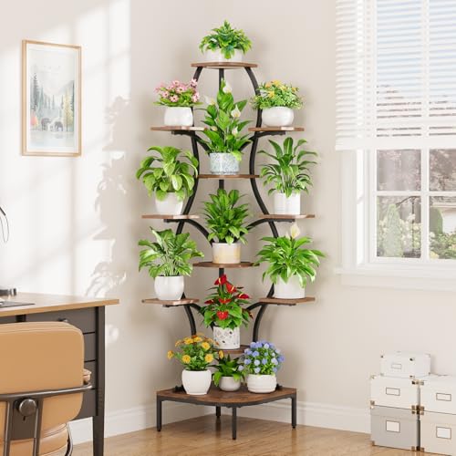 LATIBELL 72'' Tall Corner Plant Stand Indoor with Grow Light - 11 Tiered Metal Plant Shelf for Indoor Plants, Curved Display Rack Capable of Holding Large Pots in Living Room, Patio & Balcony, Black