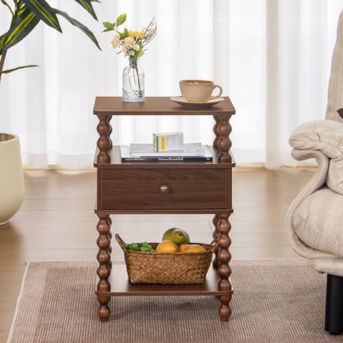 AWASEN Mid Century Modern Nightstand, Bedside Table with Storage, 3-Tier Small Night Stand End Table with Drawer for Bedroom &Solid Wood Spindle Legs, Walnut Brown - color: Walnut Brown