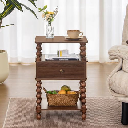 AWASEN Mid Century Modern Nightstand, Bedside Table with Storage, 3-Tier Small Night Stand End Table with Drawer for Bedroom &Solid Wood Spindle Legs, Walnut Brown - color: Walnut Brown