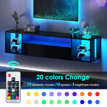 sogesfurniture 55'' Floating TV Stand Wall Mounted with Lights, Floating Entertainment Center with Lights, Modern Media Console with Storage, Wall Mounted LED TV Stand for Living Room, Black - size: 55"-Black