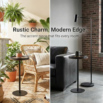 Small Round Side Table,Drink Table with Weighted Base,Industrial Metal & Wood Pedestal End Table with Tray Top, Martini Table for Small Spaces, Living Room, Next to Sofa,24.7" H - color: Rustic Brown