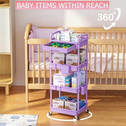 REBECAT 4 Tier Rolling Cart with Drawer, Utility Storage Cart on Wheels for Kitchen, Bathroom, Living Room,Office(Purple) - color: Purple