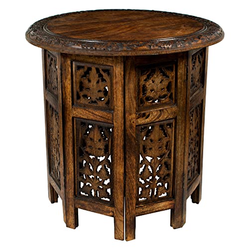Solid Wood Accent End Table - Hand Carved Vintage Boho Folding Side Table - Small Spaces Entryway Farmhouse Living Room Bedside - No Tools Assembly -18x18 Round - Jaipur Antique Brown -Cotton Craft - color: Antique Brown, size: 18x18x18