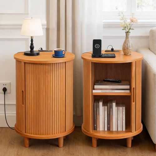 DHH Round End Table with Storage & Charging Station, Fluted Accent Side Table with Sliding Door & Adjustable Shelf, Mid-Century Nightstand for Small Spaces, Living Room, Bedroom (1, Yellow Walnut) - color: Yellow Walnut
