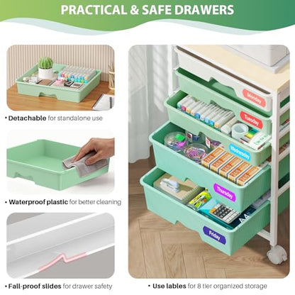 Goovilla Rolling Cart with Drawers, Utility Cart Organizer With 5 Removable Drawers and Wooden Tabletop, Lockable Rolling Storage Organizer for Art, Classroom, Home, Dorm, Office, Craft Storage, Green - size: Green
