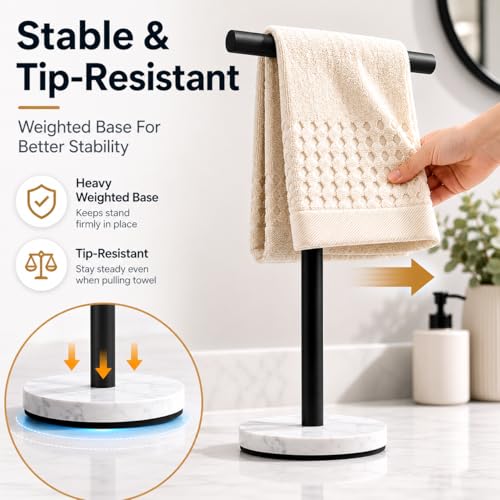 Hand Towel Holder, 15 Inch T-Shape Freestanding Towel Rack Stand for Bathroom & Kitchen Countertop with Matte Black Finish and Marble Base - color: Matte Black