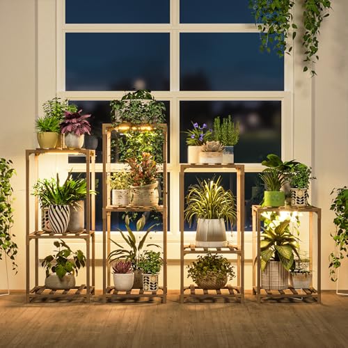 Bamworld Plant Stands with Grow Lights Indoor 4 Sets Plant Shelves Outdoor Wooden Plant Holder for Multiple Plants Flower Stands for Living Room Balcony Garden Patio Lawn Window - color: Brown, size: 4 Sets - Pro