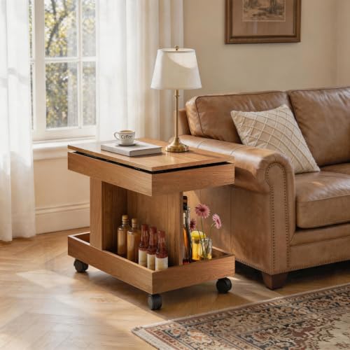 Multifunctional End Table with Wheels and 360° Rotating Desktop | Rolling Design, Storage Compartment, Sofa Side Narrow Table, Bedside Use, Living Room & Bedroom - color: Natural-7.15