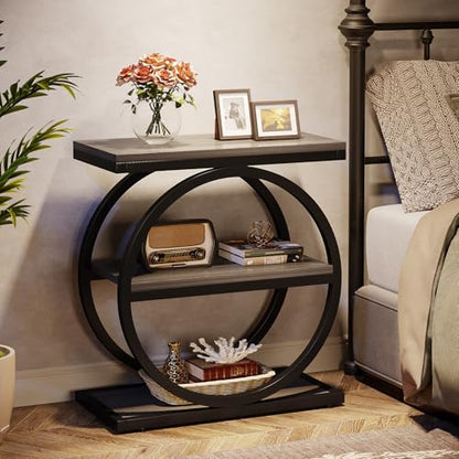 Tribesigns End Table, Narrow End Table with 3 Storage Shelves, Wood Side Table with Black Metal Frames, Industrial Small Sofa Side Table for Living Room, Grey Nightstand and Bedside Table for Bedroom - color: Grey and Black
