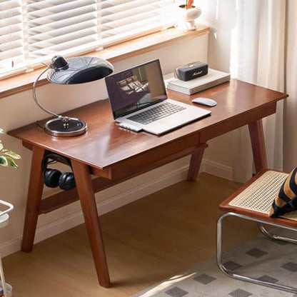 100% Solid Rubber Wood Desk Home Office Desk Mid Century Modern Writing Computer Desk with Drawer for Home Office 31" - color: Teak-rubberwood, size: 31.49"W