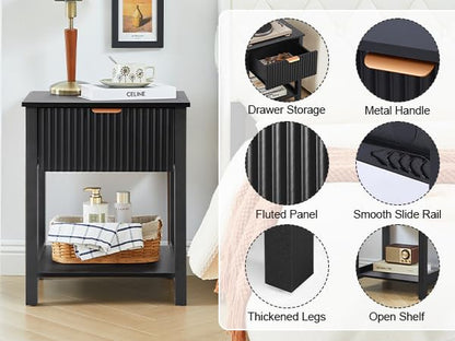 Small Nightstand Set of 2 with Drawer,Mid Century Modern Nightstand for Bedroom, Fluted End Table with Storage for Living Room,Couch Sofa,Bedside,Office,Desk Side Table for Small Spaces-Black - size: 2 Piece Set