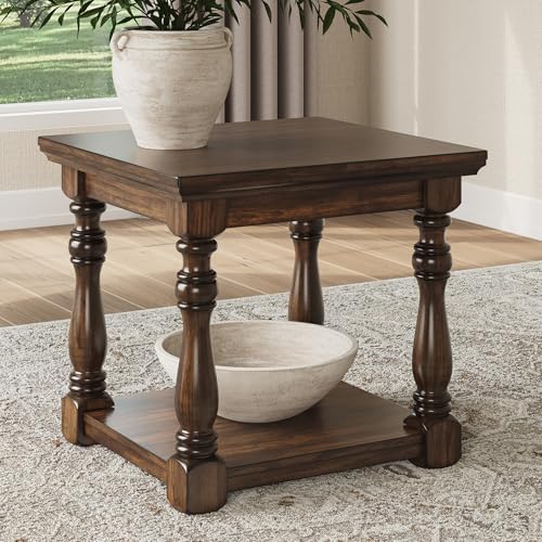 Signature Design by Ashley Sturlayne End Table, Traditional Rectangular Accent Table with Storage Lower Shelf, Hardwood Solids, Veneers, and MDF Substrates, for Living Room Couch, Dark Brown - color: Brown, style: End Table