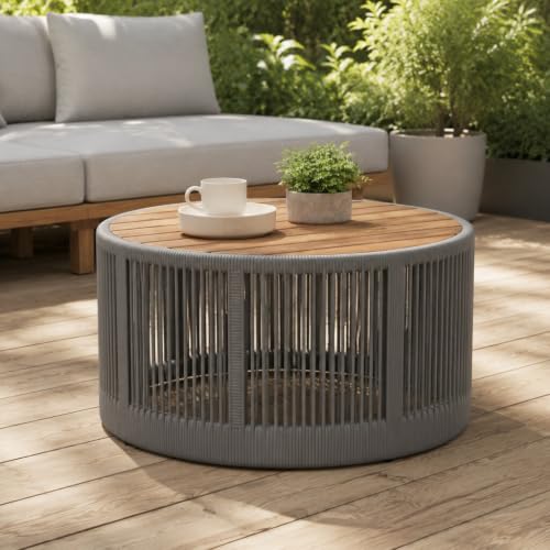 IRONORA Round Outdoor Coffee Table, Acacia Wood Top with Rope Woven Base, 26 Inch Diameter, Outdoor Side Table for Patio, Garden, Weather Resistant Patio Furniture - color: 26-inches Gery