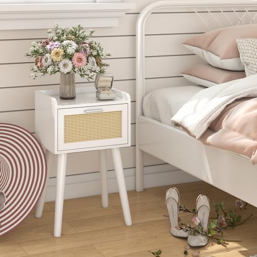 LAATOOREE Nightstand Set of 2, Small White Bedside Table, End Table with Rattan Door, Boho Side Table with Solid Wood Legs for Bedroom Living Room Small Space - color: White, style: Boho Style