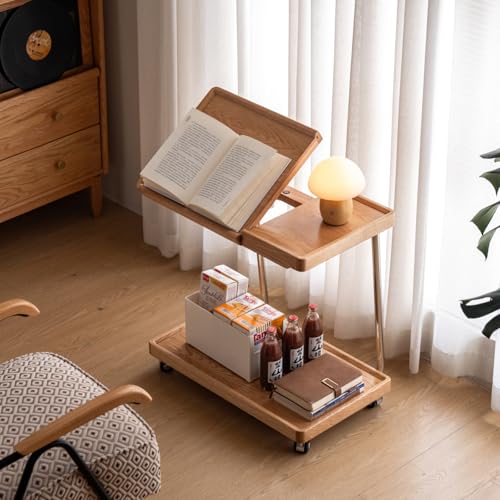 YESWOOD Adjustable C-Shaped Couch Table with Lockable Wheels – Rolling Small Space Side Table, Solid Wood End Table for Sofa, Bed & Living Room(Natural,16.41" D x 24.4" W x 24.52" H) - color: Natural