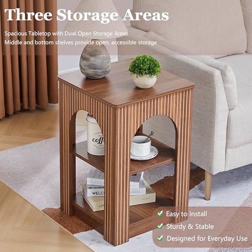 weselon End Table Set of 2, Mid-Century Modern Side Table with 3-Tier Storage Shelves and Arched Carving Lines, Square Fluted Nightstand for Living Room, Bedroom, or Office (2, Walnut) - color: Walnut