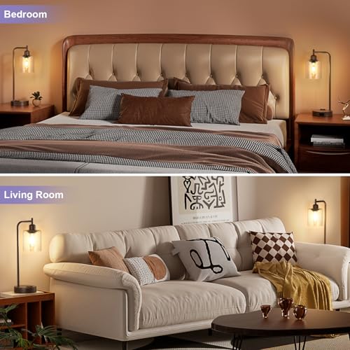 Innqoo Industrial Touch Table Lamps - 3-Way Dimmable Desk Lamps Set of 2 with USB C+A Ports and Outlet, Brown Bedside Lamps with Clear Glass Shade for Living & Bedrooms - color: H-Brown Base&Seeded Clear Glass