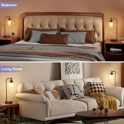 Innqoo Industrial Touch Table Lamps - 3-Way Dimmable Desk Lamps Set of 2 with USB C+A Ports and Outlet, Brown Bedside Lamps with Clear Glass Shade for Living & Bedrooms - color: H-Brown Base&Seeded Clear Glass