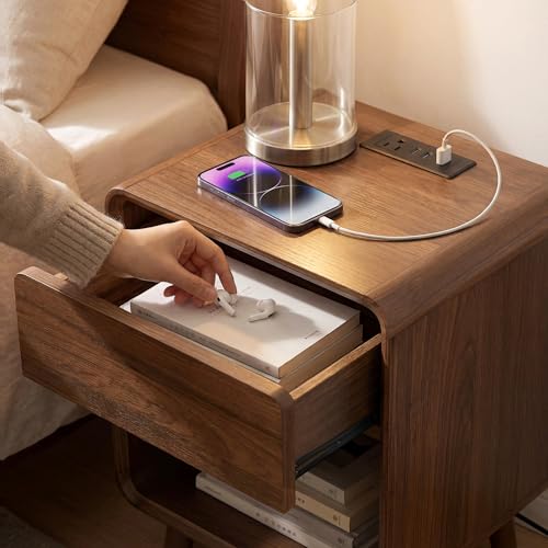Nasonet Small Night Stand, 17.7'' Wide Bedside Table with Charging Station, Mid Century Modern Nightstands with Drawers, Bedroom Side Table End Table for Living Room, Curved Beveled Design, Walnut - color: Walnut, size: 1 Drawer