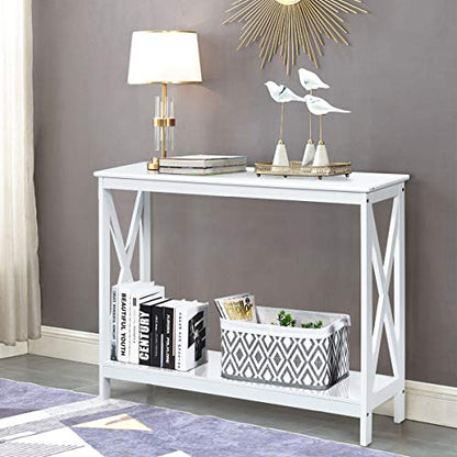 Julimoon Console Table with Storage Shelf, Narrow Accent Table X Form Frame, 2-Tier Sofa Side Table for Living Room/Bedroom/Entryway/Hallway, Easy Assembly, 39.5’’X12’’X31.5’’ (White) - color: White