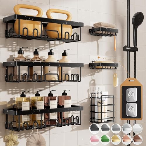 Veken Shower Caddy 6-Pack, Bathroom Organizers and Storage Shelves, Black | Advanced Rustproof Design, Large Capacity, No Drilling, Adhesive Rack with Soap Holder, Wall-Mounted Kitchen & Home Decor - color: Black